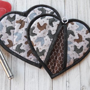 Handmade Potholders, Set of 2: Crazy Chickens!  Heart Pot Holders with Pockets, Quilted Oven Mitts, Farmhouse Kitchen Gift