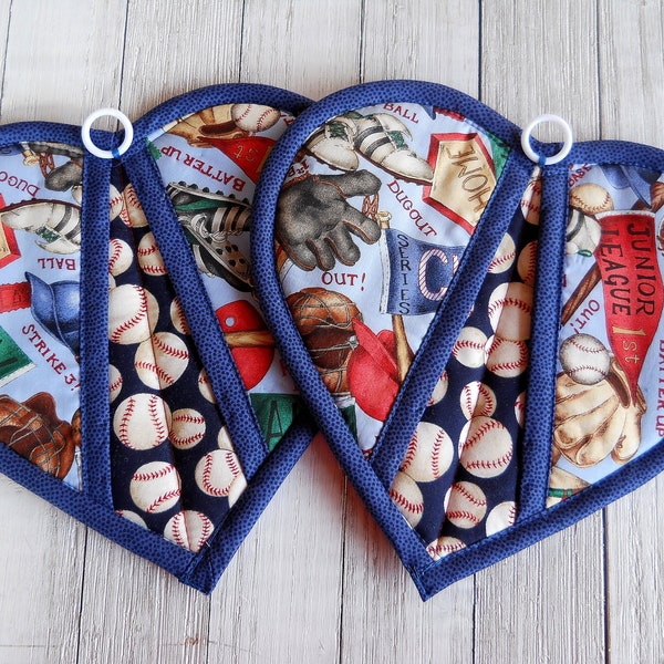 Handmade Pot Holders Trivets, Set of 2:  Baseball Spring Training! Quilted Oven Mitts, Heart Potholders, Boyfriend Sports Fan Gift, Dad Gift