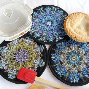 Handmade Kaleidoscope Quilted Trivets, Set of 3, Extra Thick Hot Pads
