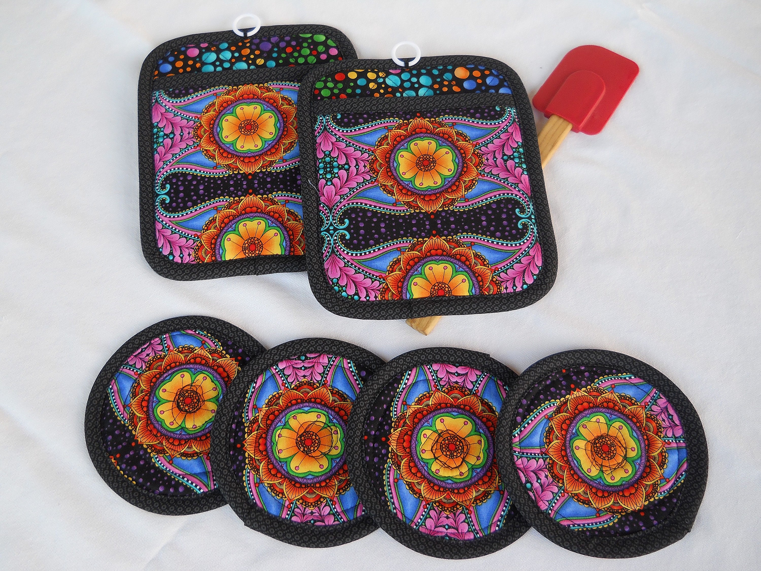 Pot Holder Rugs Handmade Floral Potholder & Mug Rug Set: Colorful Kitchen Decor - Etsy