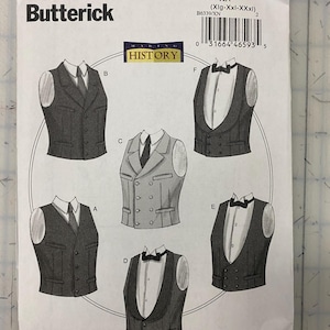 May include: A Butterick sewing pattern, B6339, featuring illustrations of men's vests. The pattern includes various styles, such as single-breasted and double-breasted designs, with options for ties and bow ties. The pattern is labeled XN (Xlg-XXl-XXxl).