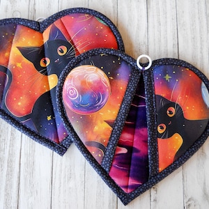 Handmade Potholders Trivets: Set of 2, Galaxy Cats!  Quilted Oven Mitts, Heart Pocket Pot Holders, Chef Gift, Cat Lovers Gift, Lunar, Wiccan