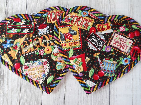 Handmade Potholders, Set of 2: Vintage Mary's Mottos, Heart Shaped