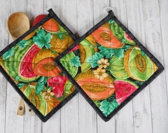 Handmade Potholders Trivets, Set of 2: Summer Harvest, Melons!  Quilted Hot Pads, Large Colorful Pot Holders, Housewarming Kitchen Gift