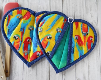 Quilted Parrot Pot Holders, Handmade Tropical Kitchen Decor, Set of 2