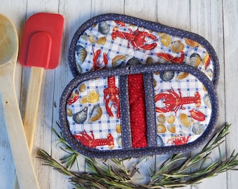 Pincher Pot Holders, Set of 2: Quilted Seafood Beach Cookout Potholders, Pocket Pot Pinchers! Oval Hotpads