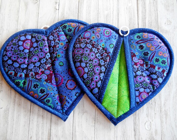 Blue Pot Holders Trivets, Set of 2 Millefiore Paperweight Heart