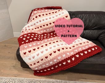 All My Hearts Blanket | Finger Knitting Pattern + Video Tutorial | Jumbo Chunky Chenille Blanket | 2 Sizes Baby and Throw
