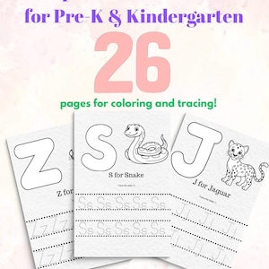 Op de afbeelding: Een set van 26 alfabetwerkbladen voor de voorschool en kleuterschool met kleur- en overtrekactiviteiten. Elke pagina toont een grote letter, een bijbehorende dierenillustratie en stippellijnen voor het overtrekken van letters zoals Z, S en J.