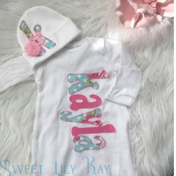 Baby Girl Layette, Personalized Newborn Gown and Cap, Coming Home Outfit, Appliqued Layette, Personalized Layette