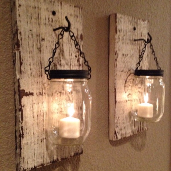 White barn wood mason jar candle holders, SET OF TWO Handmade