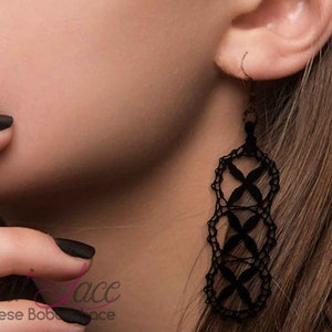 Maltese bobbin lace earrings by Marikami Lace for that special night out Elegant long BLACK LACE earrings