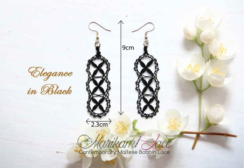 Maltese bobbin lace earrings by Marikami Lace for that special night out Elegant long BLACK LACE earrings