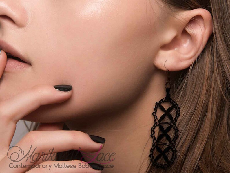Maltese bobbin lace earrings by Marikami Lace for that special night out Elegant long BLACK LACE earrings