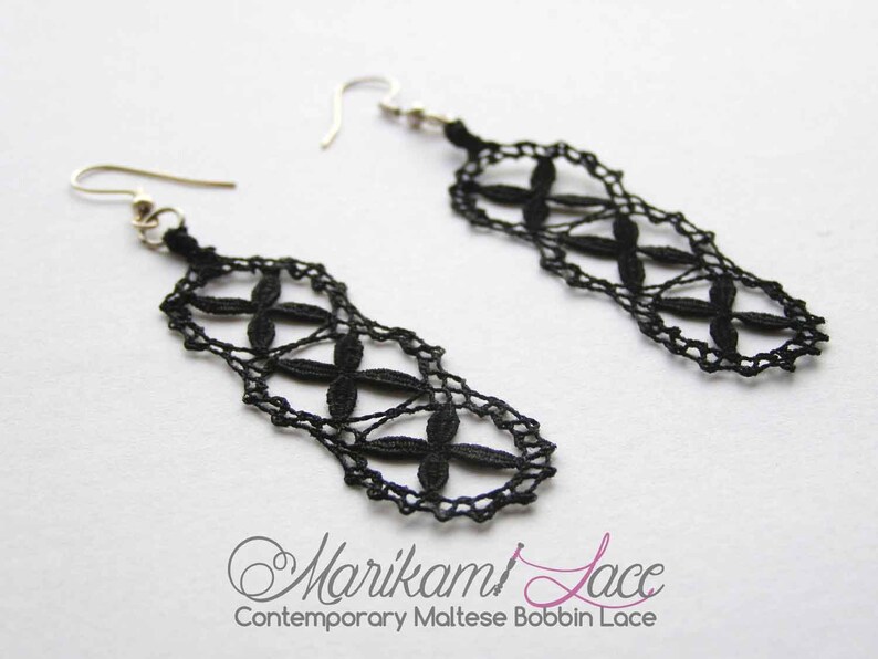 Maltese bobbin lace earrings by Marikami Lace for that special night out Elegant long BLACK LACE earrings