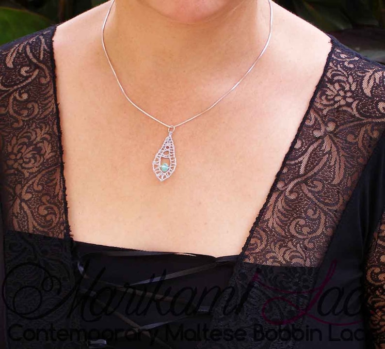 Maltese bobbin lace Silver lace pendant AQUA DROP PENDANT small dainty pendant leaf shape pendant metallic bobbin lace jewellery