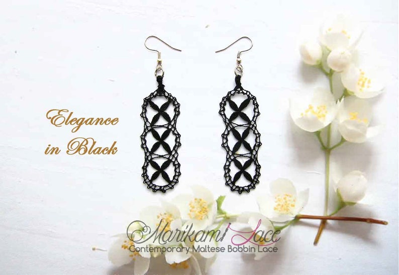 Maltese bobbin lace earrings by Marikami Lace for that special night out Elegant long BLACK LACE earrings