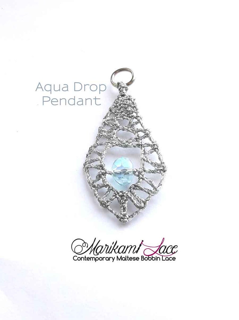 Maltese bobbin lace Silver lace pendant AQUA DROP PENDANT small dainty pendant leaf shape pendant metallic bobbin lace jewellery