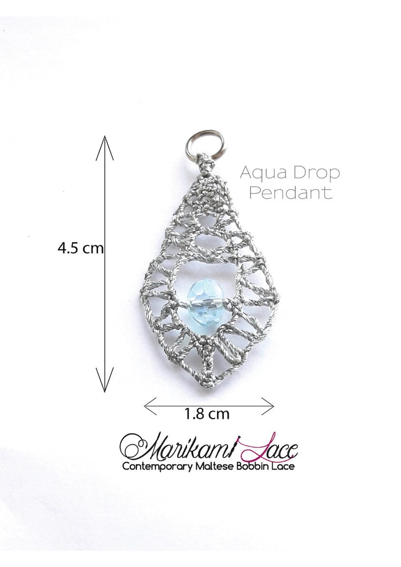 Maltese bobbin lace Silver lace pendant AQUA DROP PENDANT small dainty pendant leaf shape pendant metallic bobbin lace jewellery
