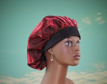 Satin Scrub Hat - Red Organza - Sleep Bonnet - Bouffant - Fully Lined and Adjustable