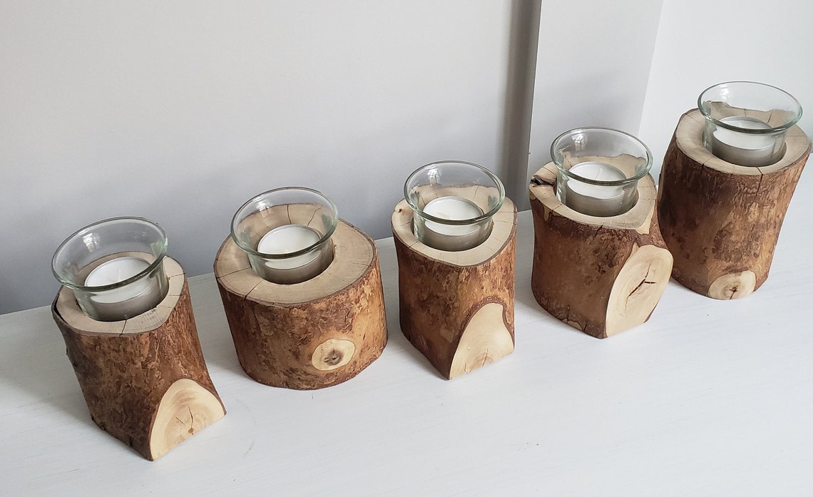 Wood Log Candle Set Rustic Fire Place Mantel Centerpieceset Etsy