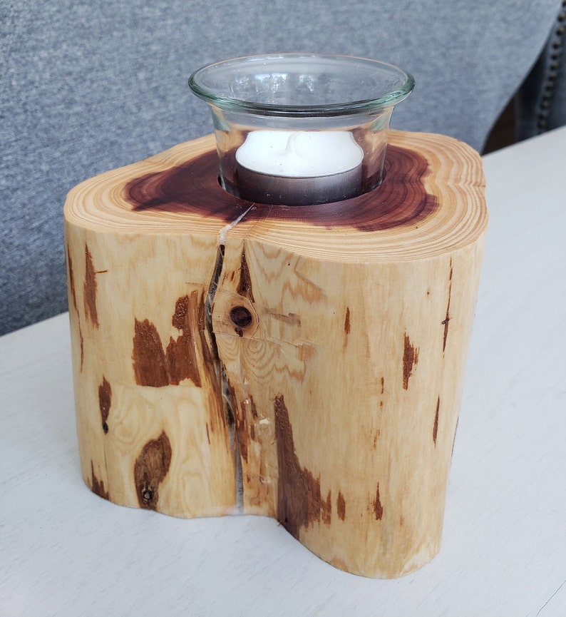 Christmas Cedar Log Candle Holder Wood Candle Holder With Etsy