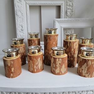 Wood Candle Holders With Gold Glass Tea Lights (Set of 9), Holiday Centerpiece, Dinning Table Centerpiece, Gold Votive, Gold Pip Berry Rings