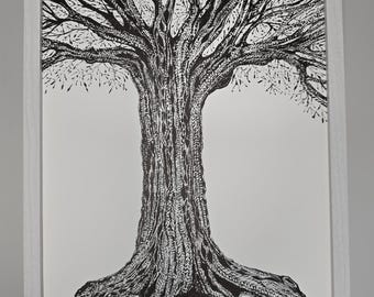 Framed Tree of Life Ink Drawing: Original Black and White Art