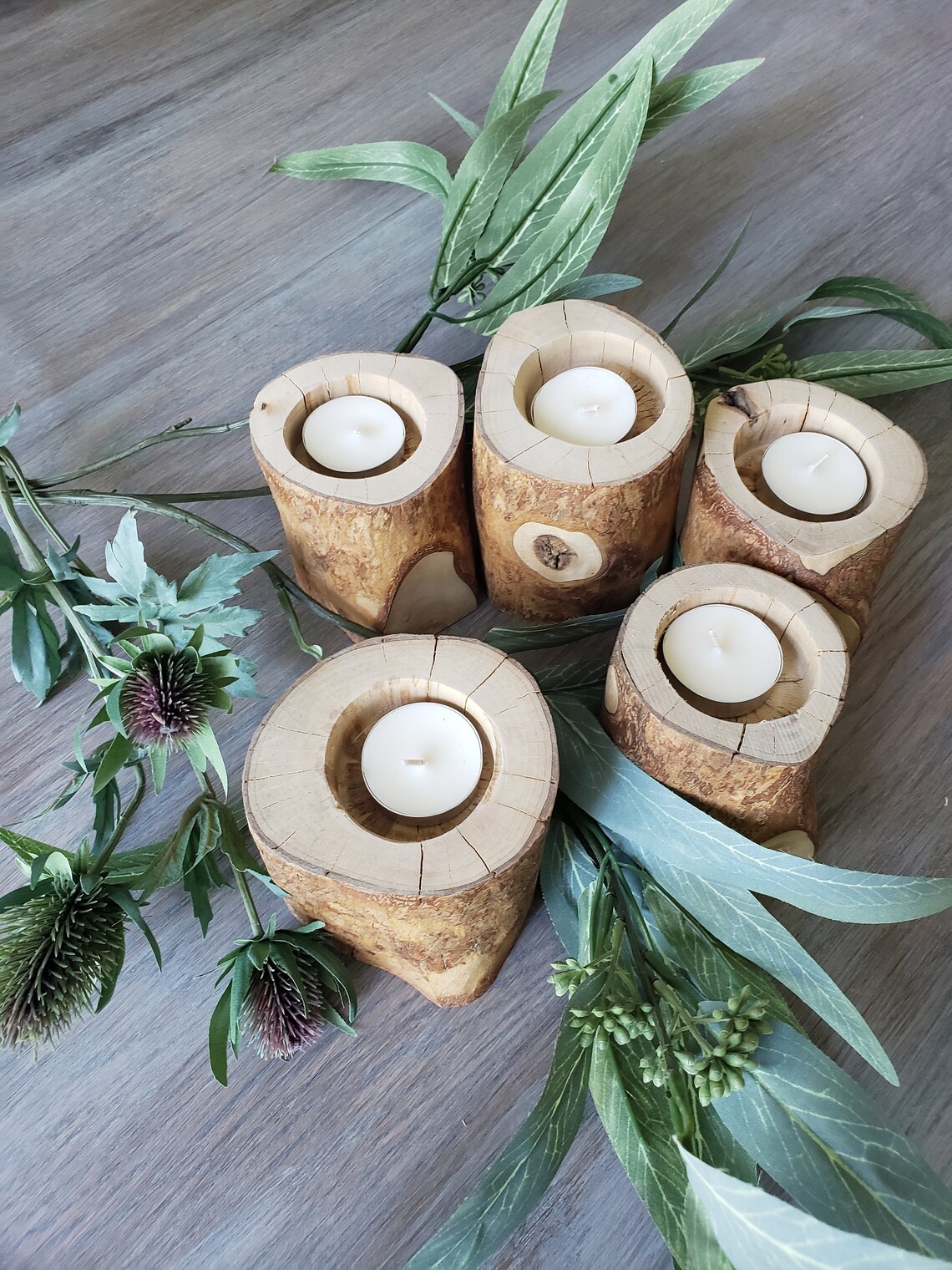 Wood log candle set Rustic fire place mantel Wedding Etsy