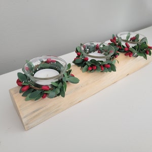 Yule Log, 9.5 in. Pine log Candle With Glass Holders and Pip Berry Rings, Holiday Log Candle Centerpiece, Yule Log Centerpiece