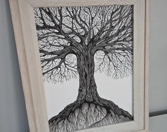 Tree of Life Original Ink Drawing: Framed Black and White Art