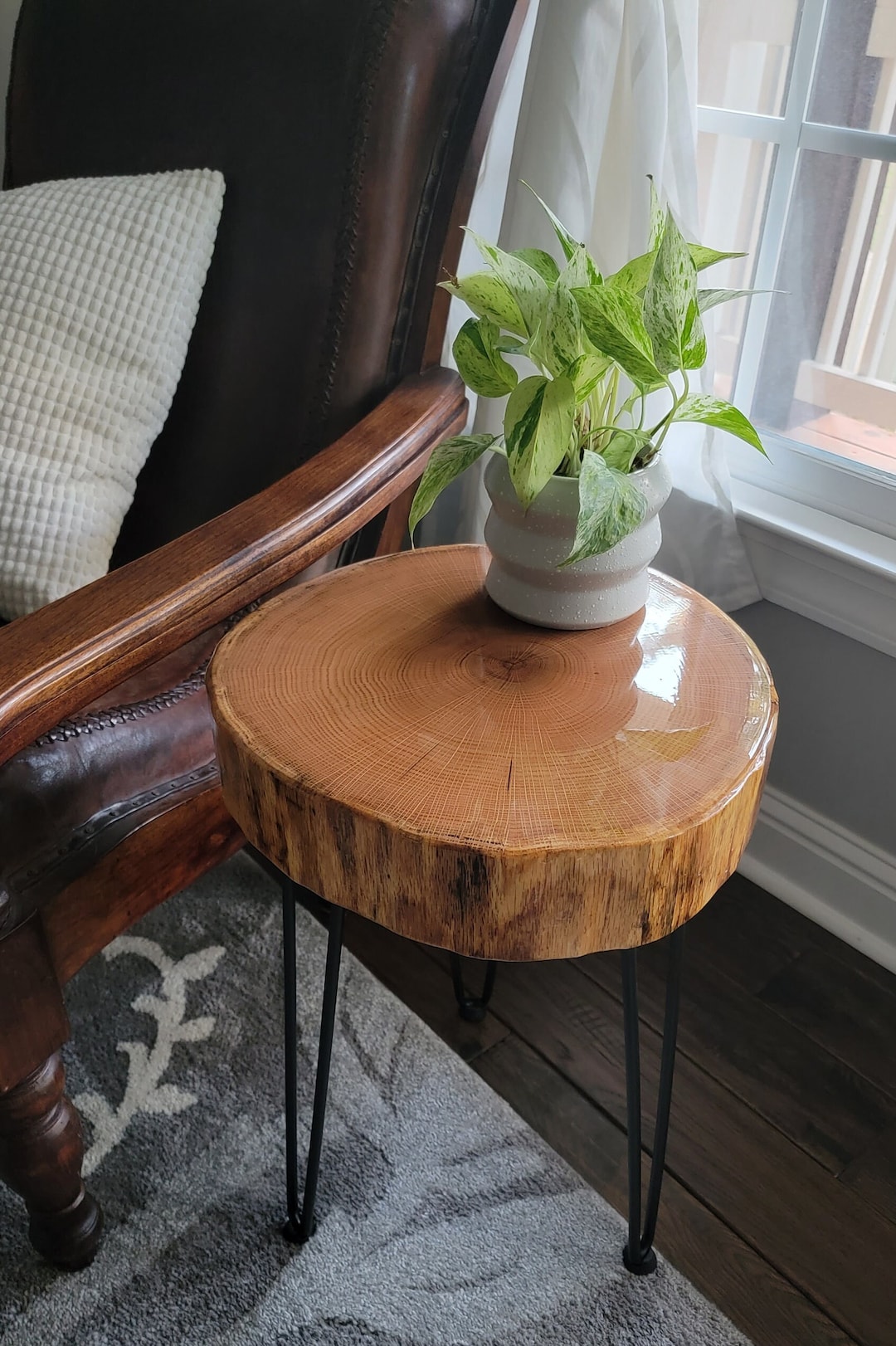Wood Slice End Table, Live Edge Wood End Table, Hairpin Legs, Epoxy