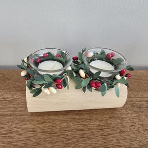 Pine Yule Log Candle Holder: Holiday Centerpiece with Pip Berry Rings