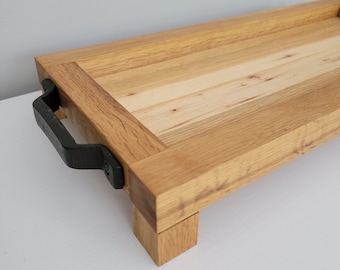Handmade Hickory Wood Tray with Handles: Raised Centerpiece Display
