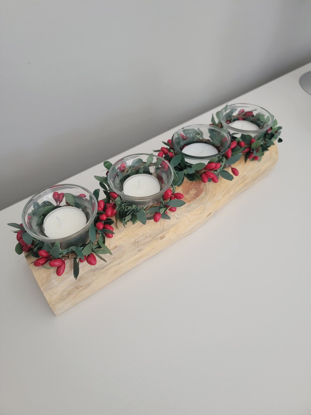 Holiday Yule Log Candle Centerpiece With Red Pip Berry Rings, 12 In