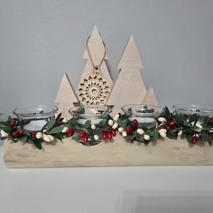 Yule Log, 4 Candle Centerpiece, 4 Red Pip Berry Rings, 14 in. Fireplace Mantel Candle, Christmas Centerpiece, Holiday Log Candle, Gift