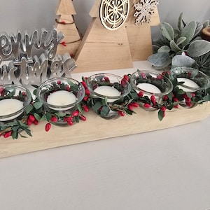 Yule Log, 5 Candle Centerpiece, 5 Red Pip Berry Rings, 14 in. Fireplace Mantel Candle, Christmas Centerpiece, Holiday Log Candle, Gift