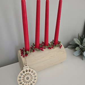 Yule log centerpiece taper candles Centerpiece log candle, Holiday décor, Christmas candle holder with pip berry&#39;s, with ornament
