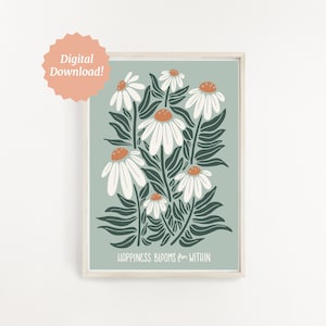DIGITAL DOWNLOAD | Happiness Blooms From Within | Floral Illustration & Motivational Quote