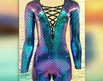 Mermaid Short Bodysuit with Rhinestone Laced Front / Invisible Zipper Back / Full Length Pants Leotard Available