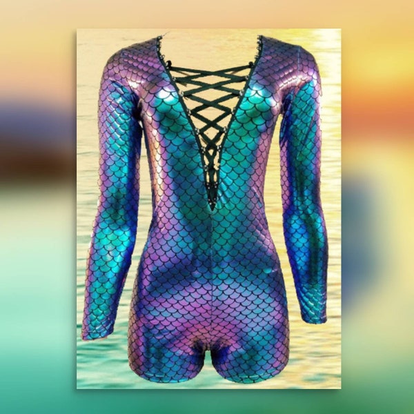 Mermaid Short Bodysuit with Rhinestone Laced Front / Invisible Zipper Back / Full Length Pants Leotard Available