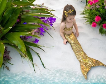 Coda da sirena con squame dorate, nuotabile/camminabile, con cerniera invisibile sul fondo! Aggiungi monopinna/Aggiungi bikini