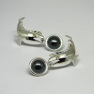 Fish earrings dangle,sterling silver,solid 18K posts,hematites,fish ear cuff,ocean jewelry,fishing gift,climbing earrings,nautical ear cuff