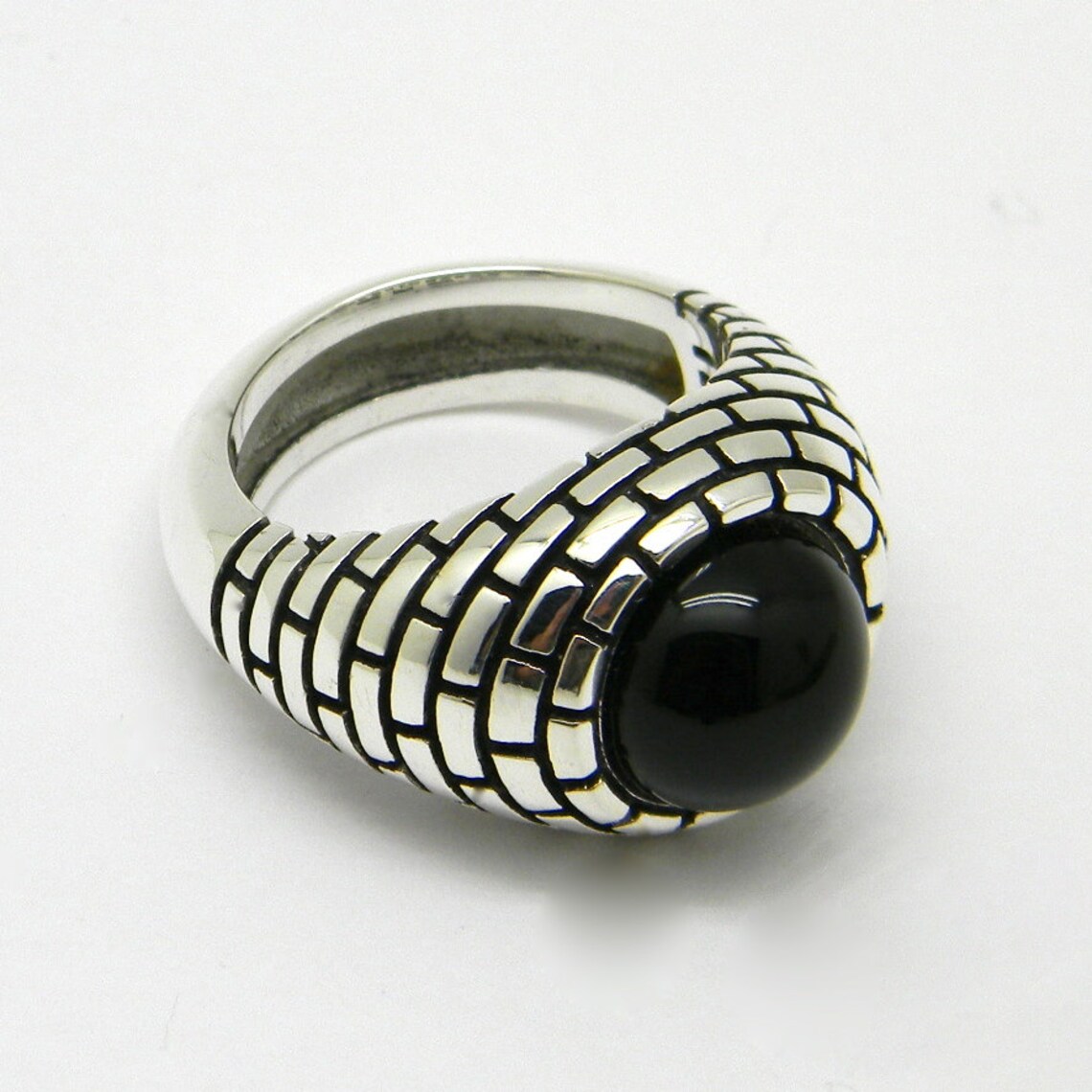 Mens Sterling Silver 925 Brick Wall Enamel Signet Ring Grilled,onyx ...