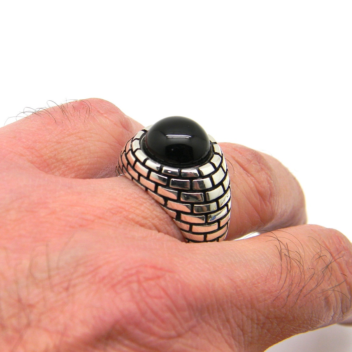 Mens Sterling Silver 925 Brick Wall Enamel Signet Ring Grilled,onyx ...