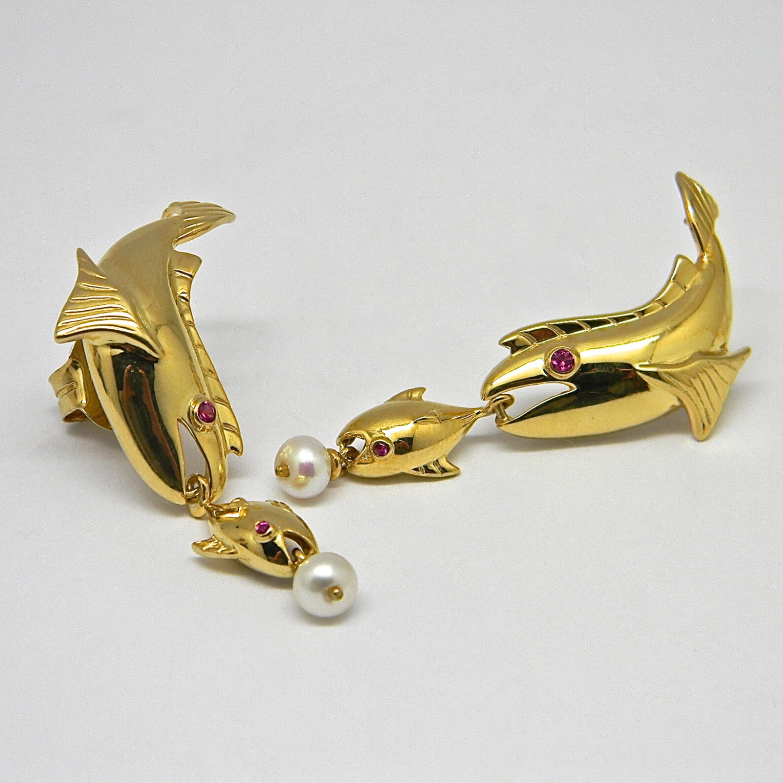 Fish Dangle Earrings Sterling Silver 18K Gold Plated Cuff Earrings.4x Bezel Set Red Ruby Eyes.2x