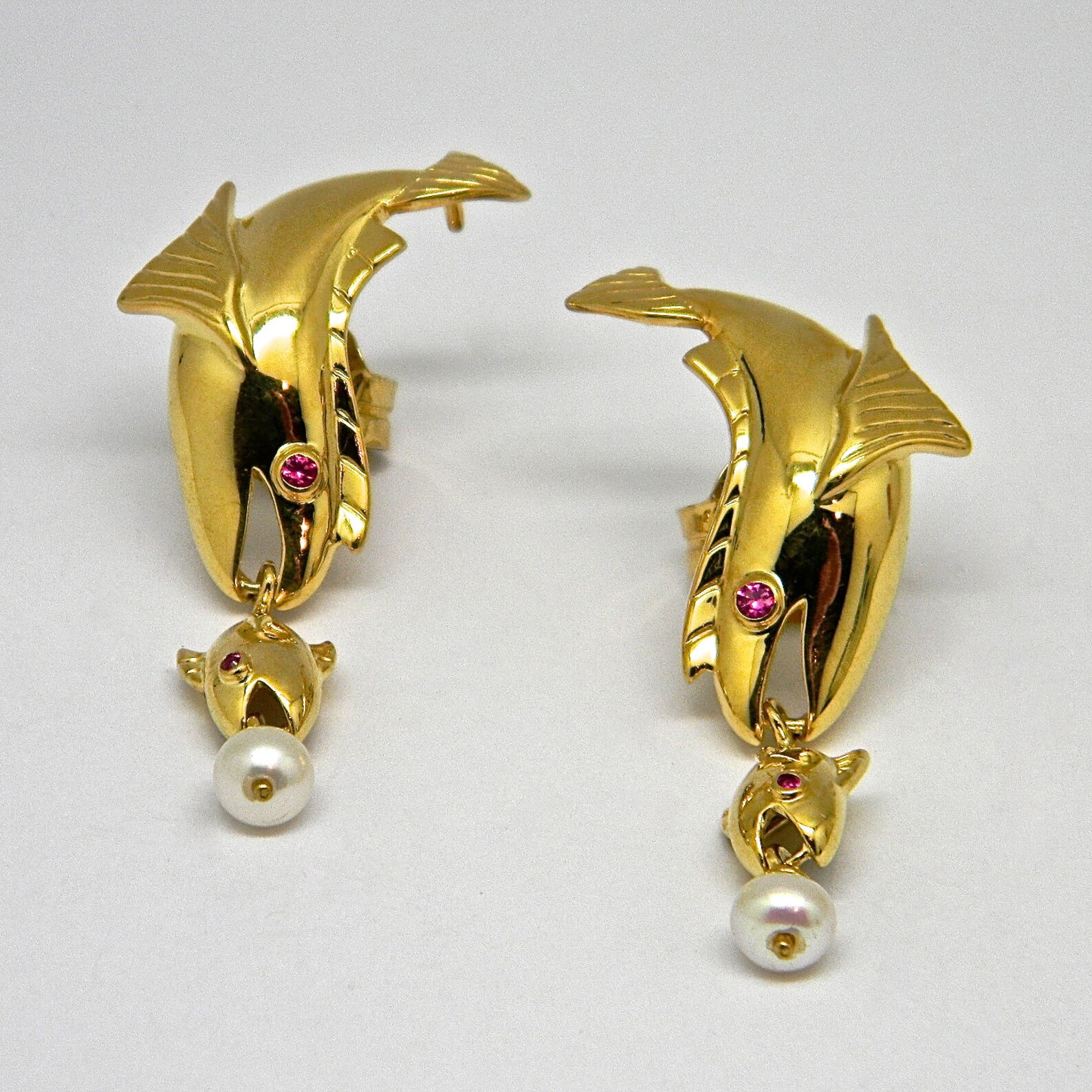 Fish Dangle Earrings Sterling Silver 18K Gold Plated Cuff Earrings.4x Bezel Set Red Ruby Eyes.2x