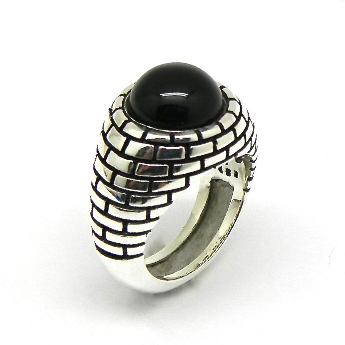 Mens Sterling Silver 925 Brick Wall Enamel Signet Ring Grilled,onyx ...