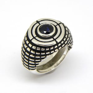 Man sterling silver signet ring armor enameled pattern  and comfort grilled 7mm round reconstructed ruby or sapphire