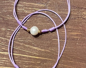 Single Pearl Bracelet, Gold Plated Accents, Adjustable Lavender Cord, Handmade Jewelry